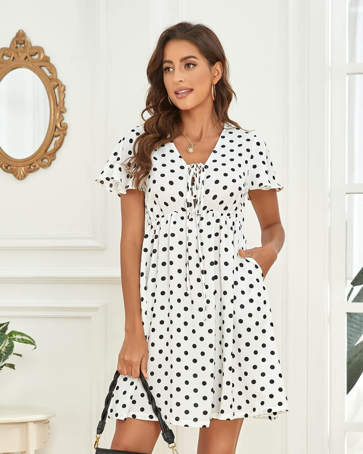Women's Summer Ditsy Floral Print Smocked Midi Dress with Square Neck and Short Puff Sleeves