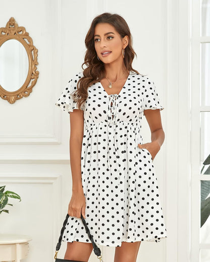 Women's Summer Ditsy Floral Print Smocked Midi Dress with Square Neck and Short Puff Sleeves