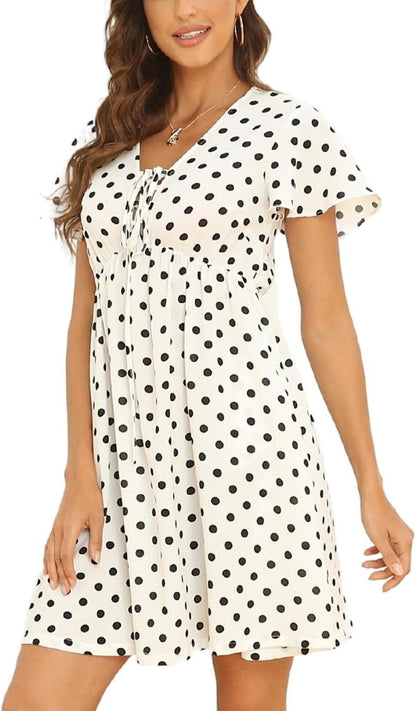 Women's Summer Ditsy Floral Print Smocked Midi Dress with Square Neck and Short Puff Sleeves