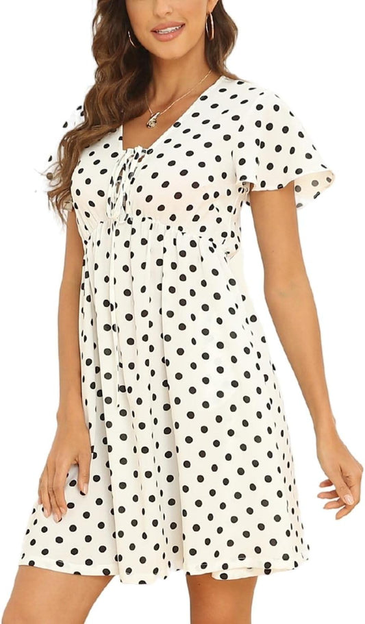 Women's Summer Ditsy Floral Print Smocked Midi Dress with Square Neck and Short Puff Sleeves