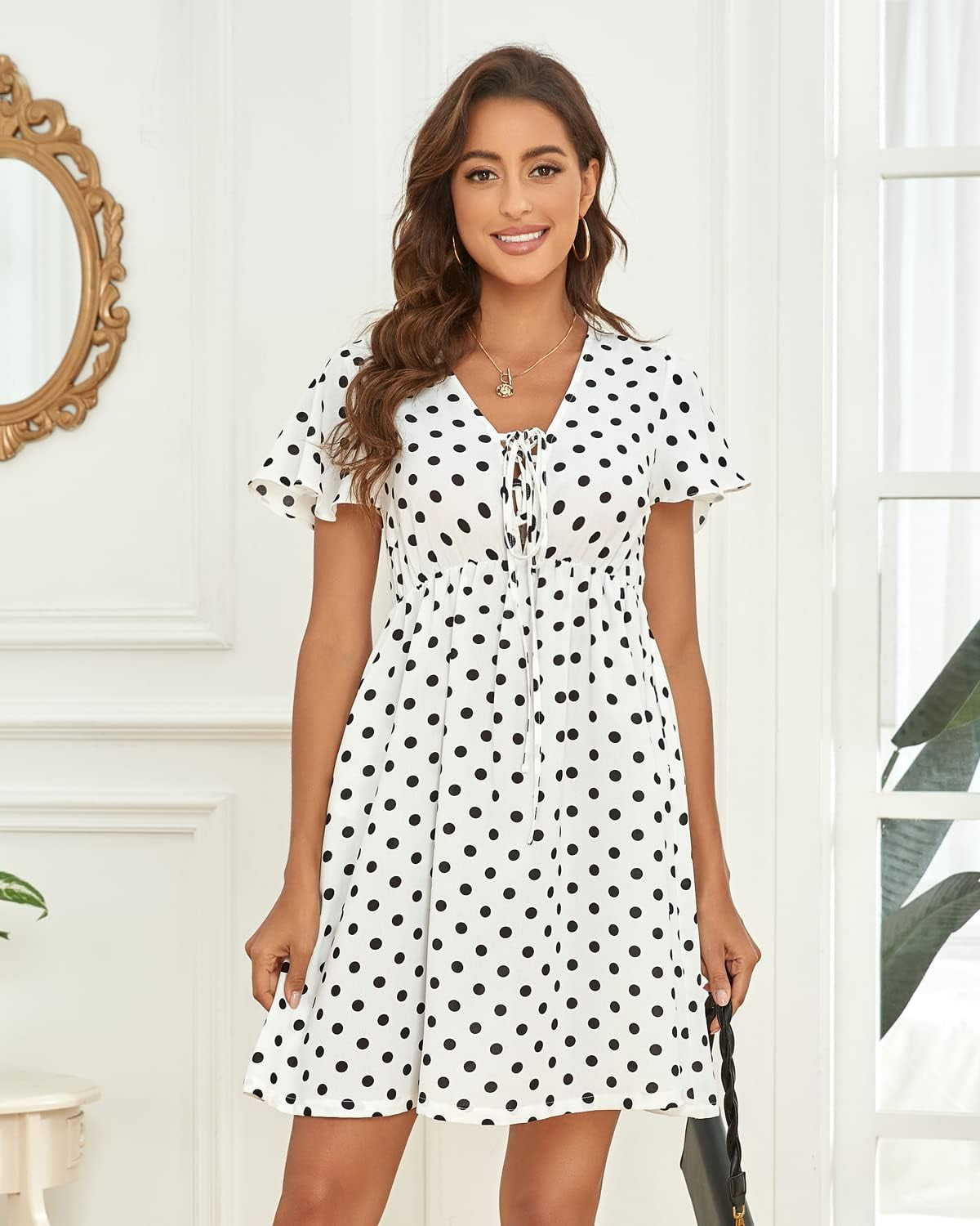 Women's Summer Ditsy Floral Print Smocked Midi Dress with Square Neck and Short Puff Sleeves
