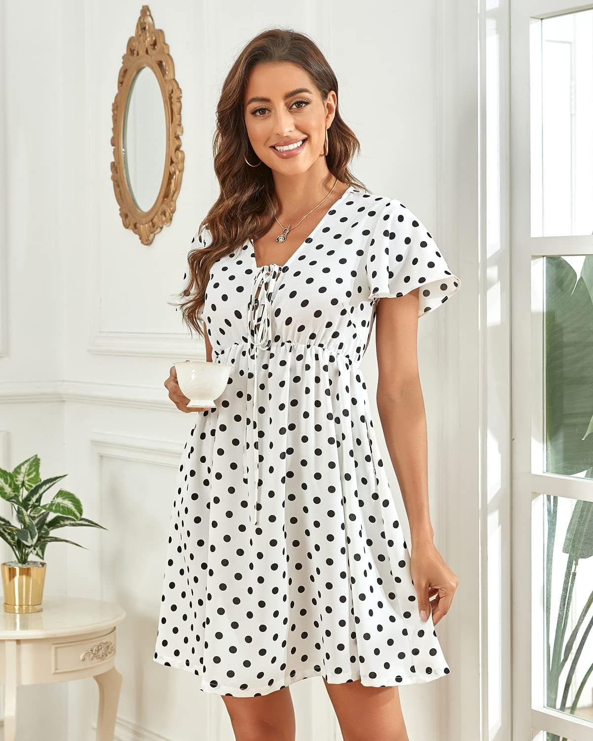 Women's Summer Ditsy Floral Print Smocked Midi Dress with Square Neck and Short Puff Sleeves